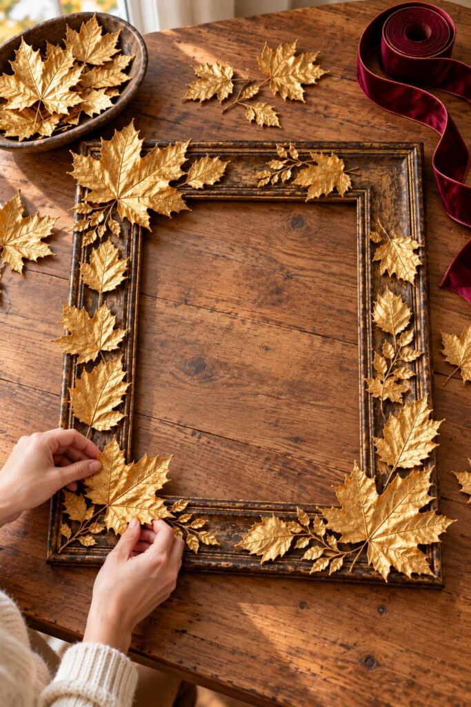 Hands arranging loose gold faux fabric maple leaves around a dark frame with an empty upper right corner for a bow
