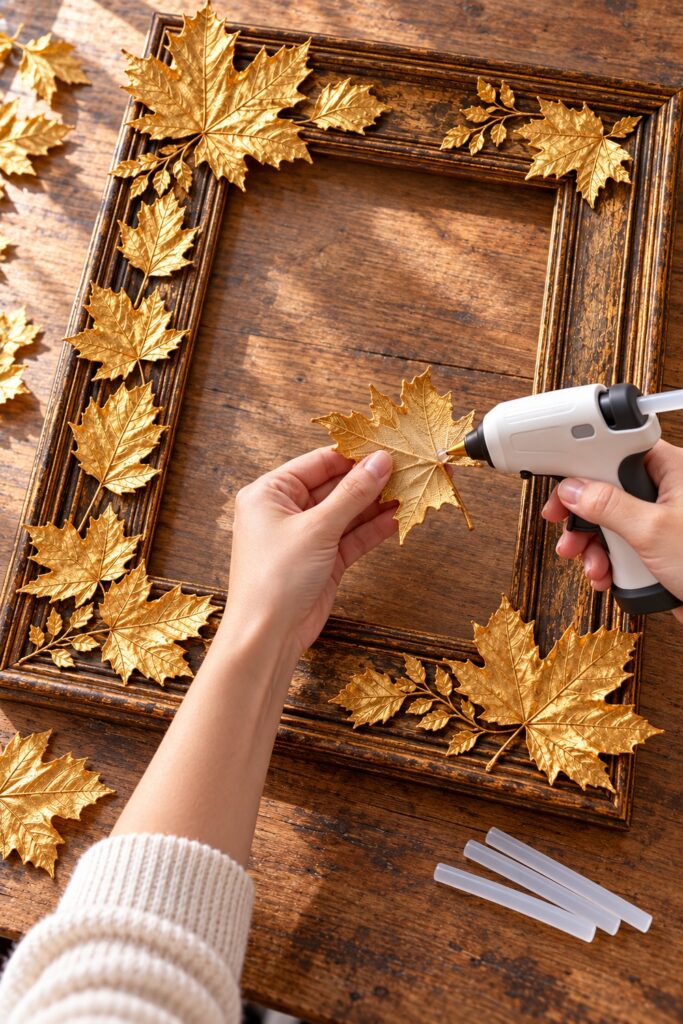 Hand applying a small bead of hot glue to the underside base of a gold faux maple leaf above a partly decorated frame