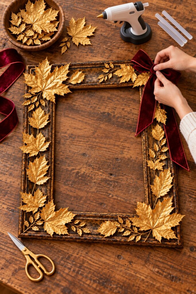 Hands attaching a crimson velvet bow to the upper right wood corner of a frame decorated with gold faux maple leaves