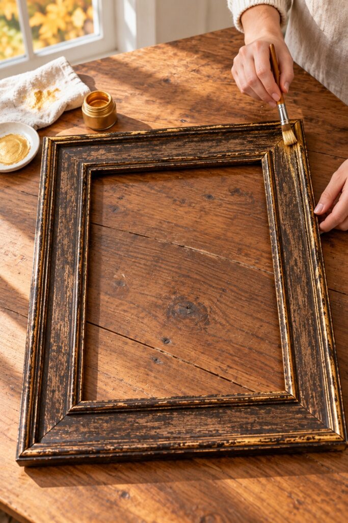 Hand brushing a small gold painted highlight onto a raised edge of a bare dark wooden picture frame