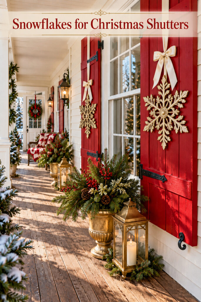 Snowflakes for Christmas Shutters headline above red shutters with gold snowflakes ivory ribbons and evergreen pots