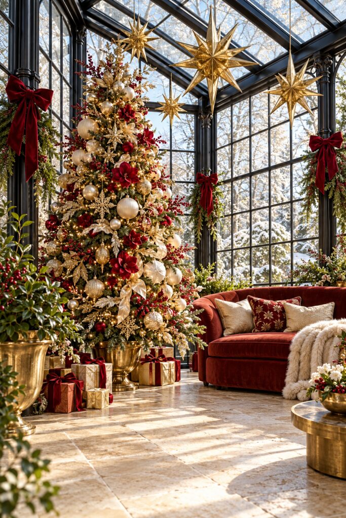 Christmas conservatory with large gold stars a red and gold decorated tree red bows and a red sofa beneath a glass roof