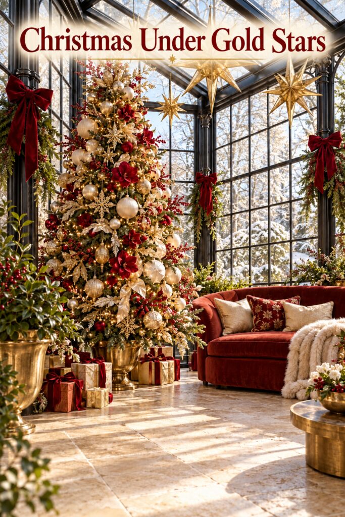 Christmas Under Gold Stars headline above a gold star conservatory with a decorated tree and red sofa