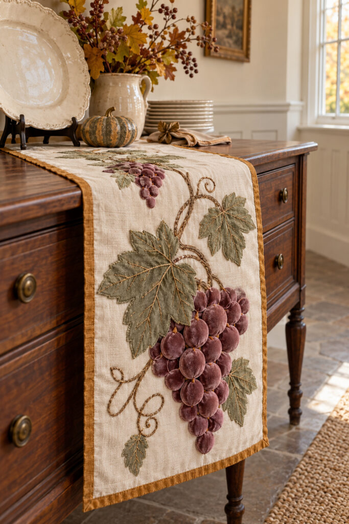 Ivory runner with raised mauve grape applique and sage leaves draped over the front of a walnut Thanksgiving sideboard