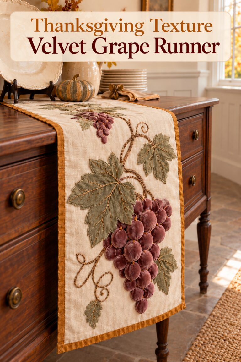 Thanksgiving texture velvet grape runner headline above a hanging applique panel with mauve grapes and ochre edging