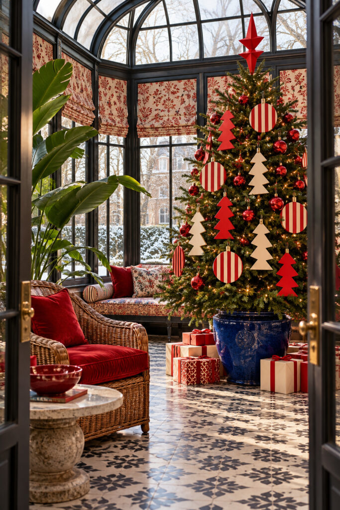 Green Christmas tree with large red and ivory tree shaped ornaments and striped disks in a glass conservatory