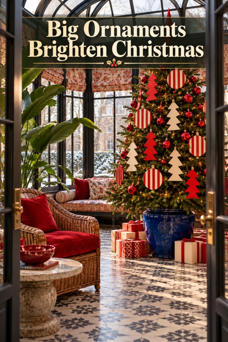Red and ivory graphic ornaments on a conservatory Christmas tree beneath a headline about big ornaments