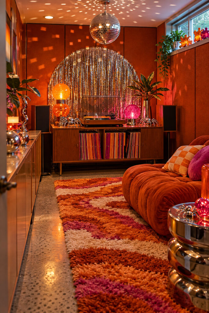 Record console with a silver fringe arch chrome spiders orange and pink globe lamps and a hanging mirror ball