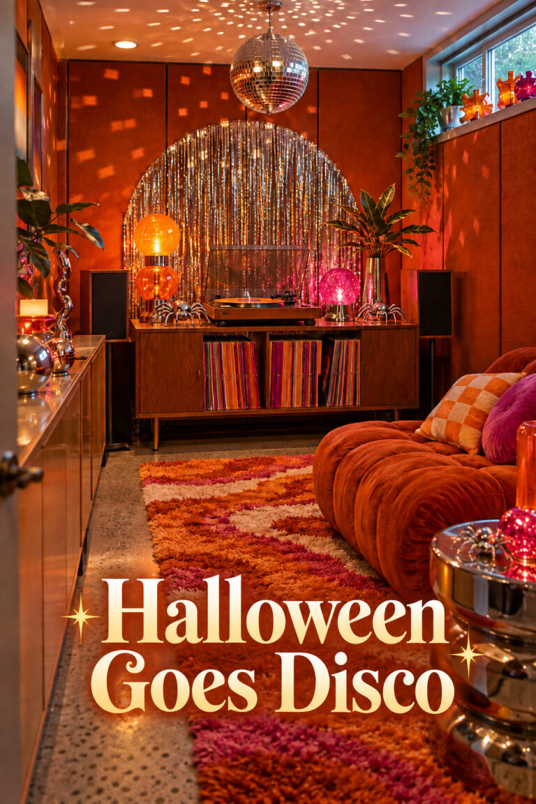 Halloween Goes Disco text over a retro listening room with metallic spiders and silver fringe behind a turntable
