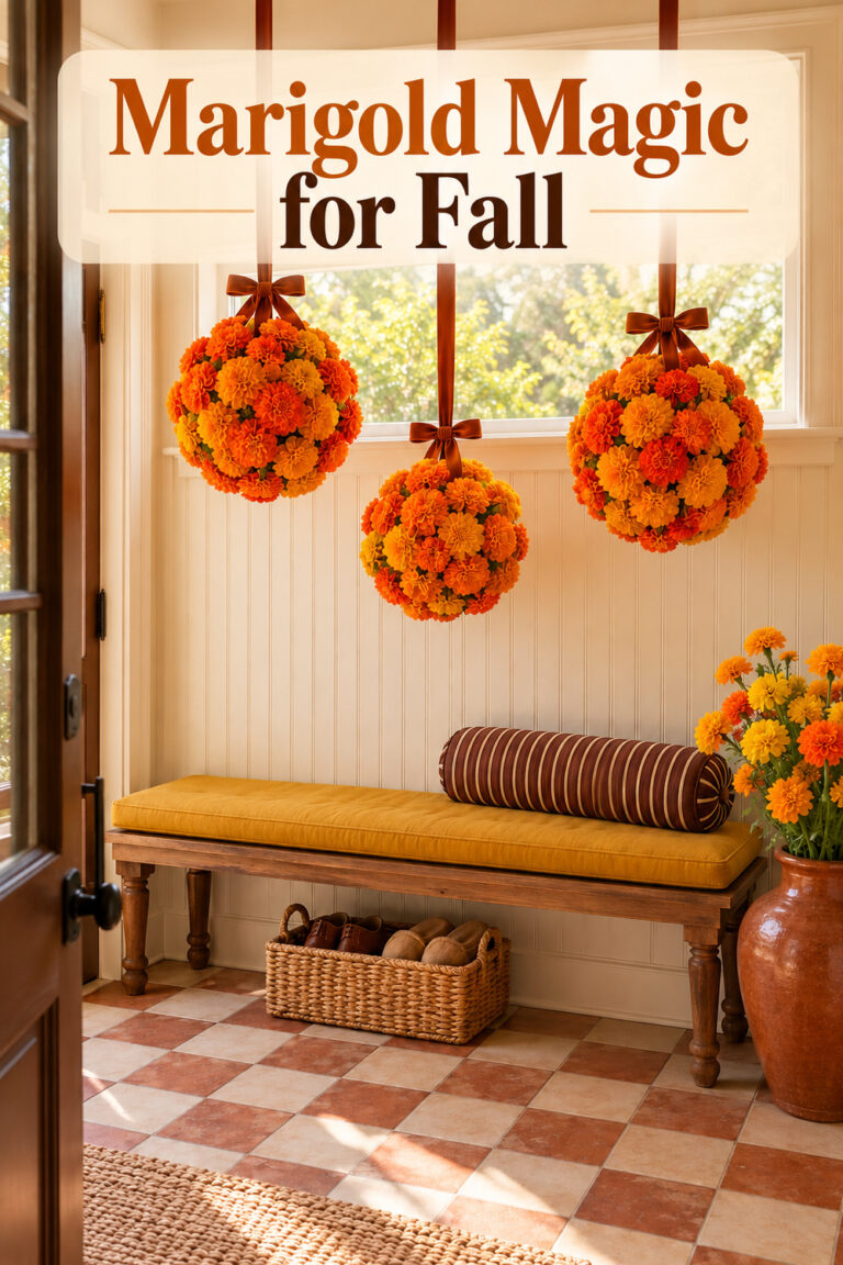 Marigold Magic for Fall headline above three orange and mustard marigold flower spheres hang from cinnamon ribbons above a wooden bench with a mustard cushion and brown striped bolster