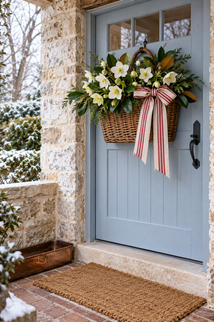 Woven basket of white hellebores cedar and magnolia leaves with a red striped bow on a blue farmhouse door