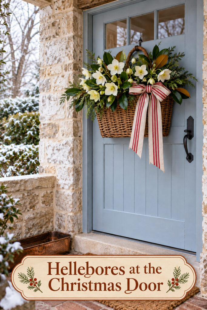 White flowers and striped ribbon on a blue door with the headline Hellebores at the Christmas Door