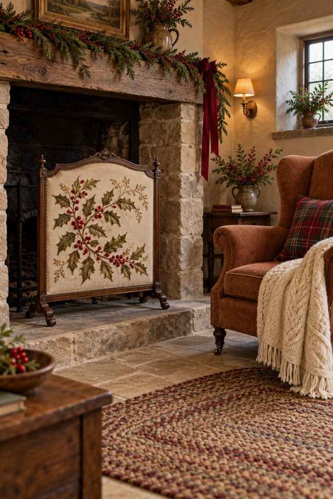 Pale embroidered holly firescreen before an unlit stone fireplace beside a cinnamon chair tartan cushion and ivory knitted throw