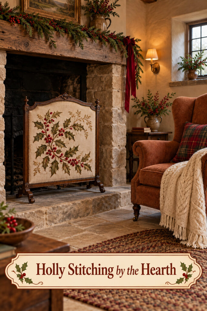Holly textile panel and cinnamon armchair with the headline Holly Stitching by the Hearth