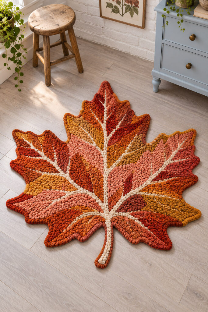 Textured maple leaf rug in rust orange ochre and pink with cream veins on a pale studio floor