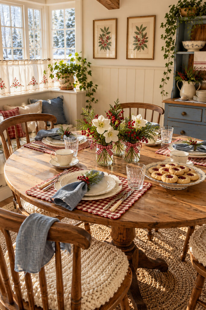 Round Christmas table with low jam jar flowers cream plates blue napkins and red checked placemats