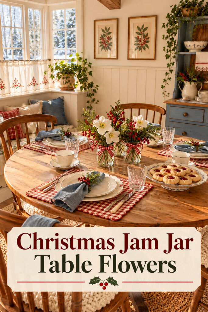 Round Christmas table with low jam jar flowers cream plates blue napkins and red checked placemats with the words Christmas Jam Jar Table Flowers