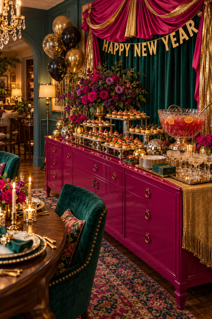 Fuchsia New Years Eve buffet with tiered canapes pink flowers a crystal punch bowl and emerald curtain backdrop