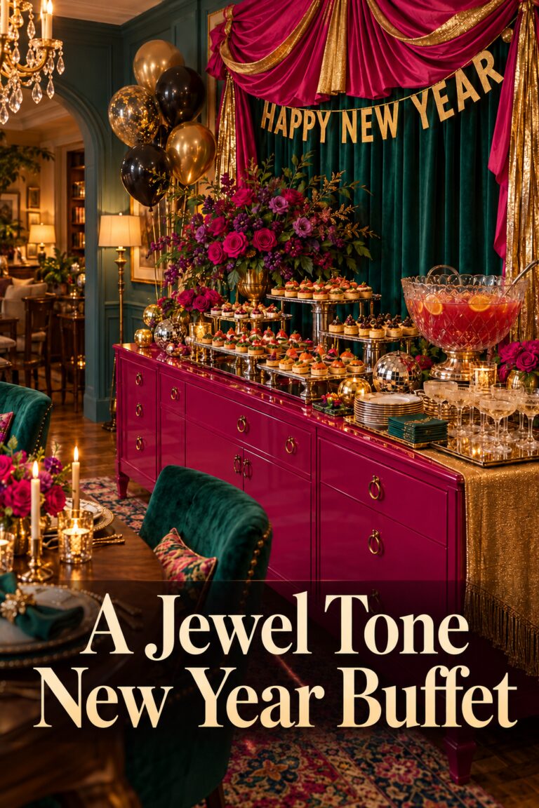 Jewel tone party buffet with cream lettering reading A Jewel Tone New Year Buffet above the lower edge