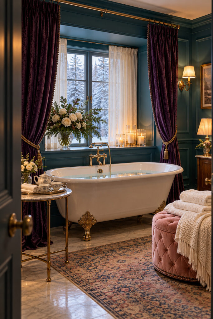 Teal winter bathroom with plum curtains ivory tub pink ottoman and snowy window
