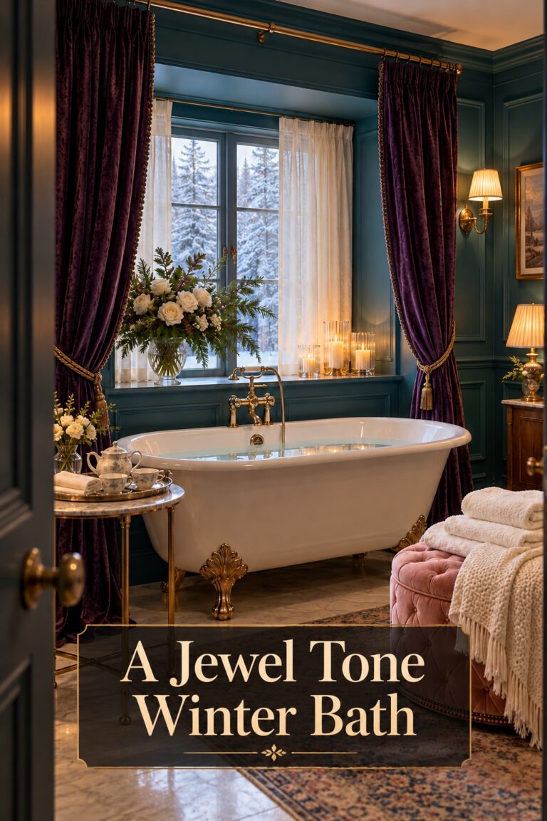 Plum curtain bath alcove with folded towels and A Jewel Tone Winter Bath text