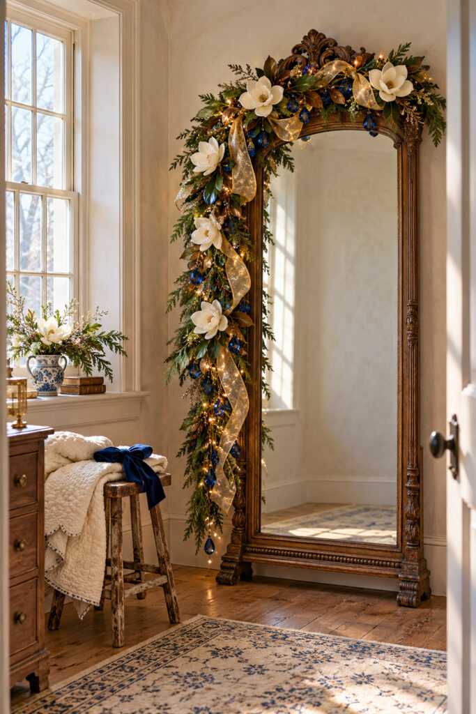 Antique floor mirror draped with white magnolias cedar gold ribbon and sapphire glass drops in a sunlit farmhouse dressing room