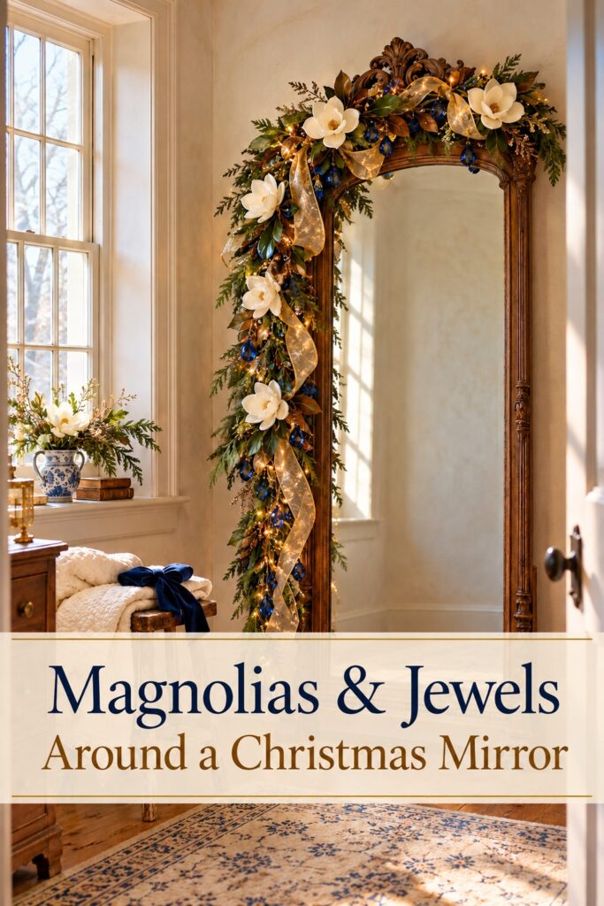 Magnolia and blue bead garland on a tall mirror with text Magnolias and Jewels Around a Christmas Mirror