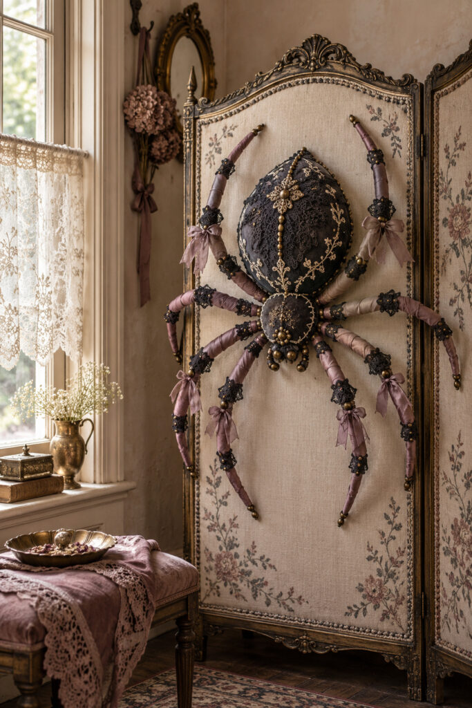 Large dark lace spider with mauve ribbon wrapped legs and gold accents mounted on an ivory folding screen