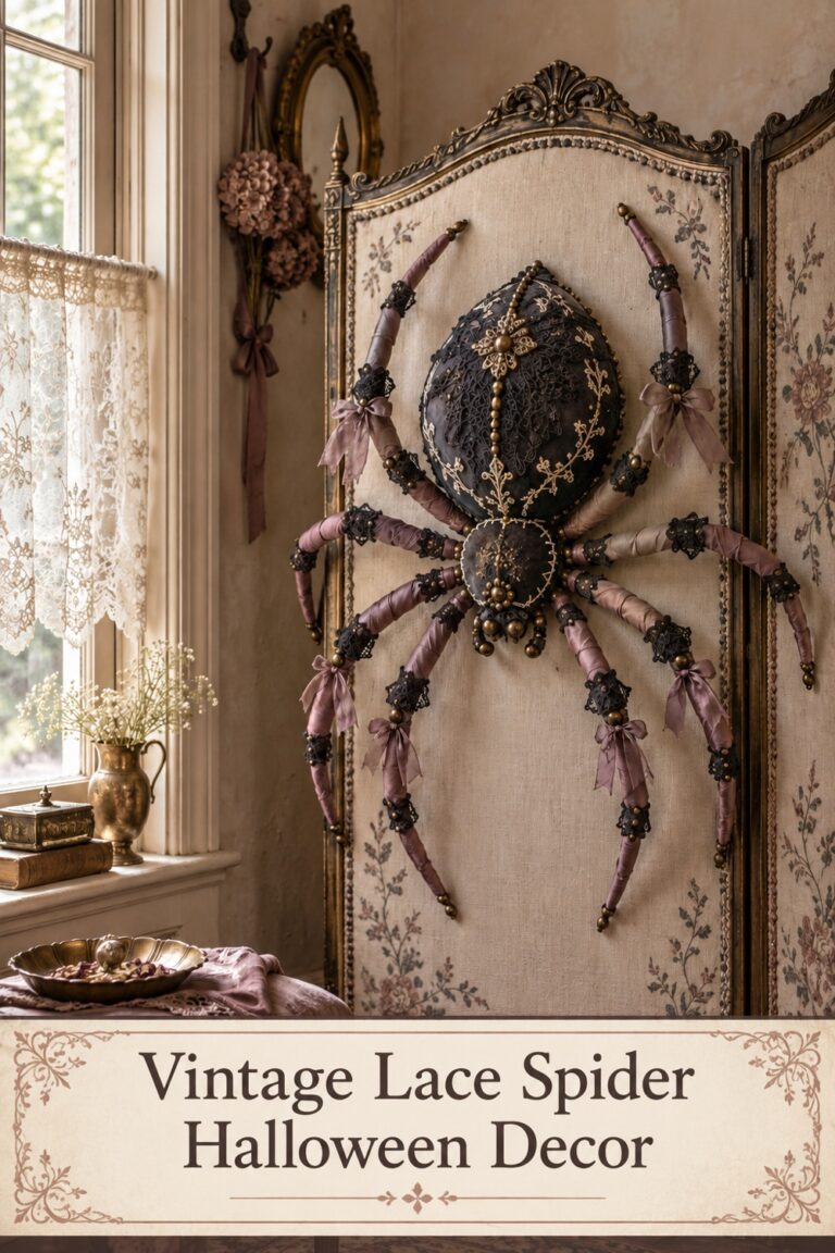 Large dark lace spider with mauve ribbon wrapped legs and gold accents mounted on an ivory folding screen with text Vintage Lace Spider Halloween Decor