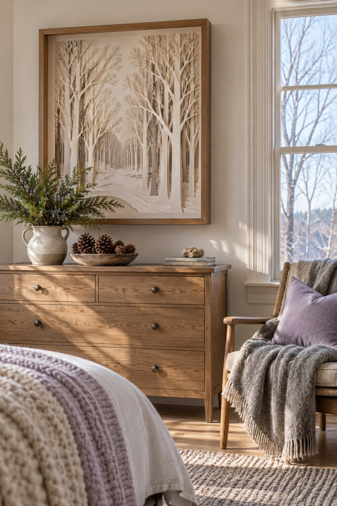 Ivory layered paper woodland relief above an oak chest with a pale pitcher pinecones grey wool and a lilac cushion