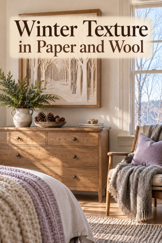 Winter Texture in Paper and Wool headline over dimensional bare tree wall art and an oak bedroom chest