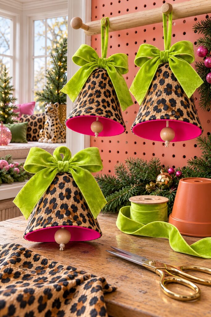 Three leopard fabric Christmas bells with lime bows pink interiors and wooden bead clappers hang and rest in a craft corner
