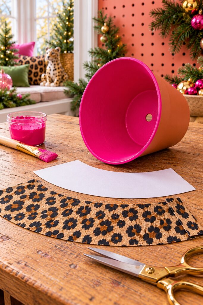 Pink painted plastic flowerpot lies beside a curved paper pattern and cut leopard fabric cover