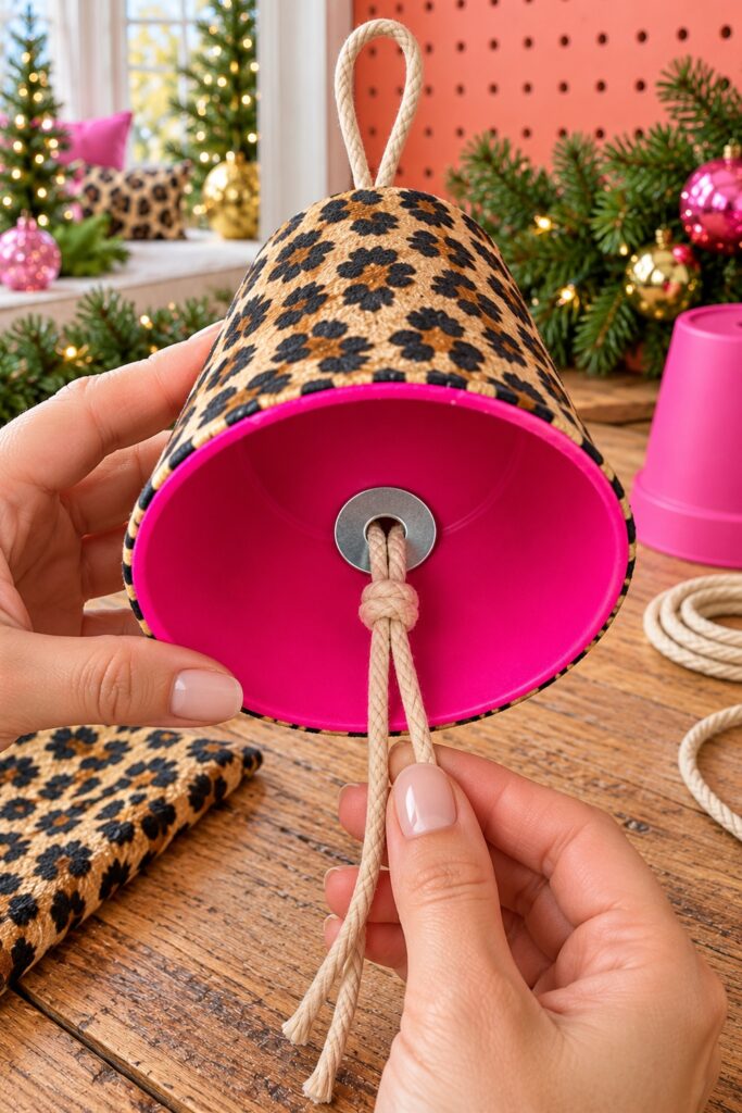 A washer and bulky cord knot sit against the inner base of a pink lined leopard pot bell