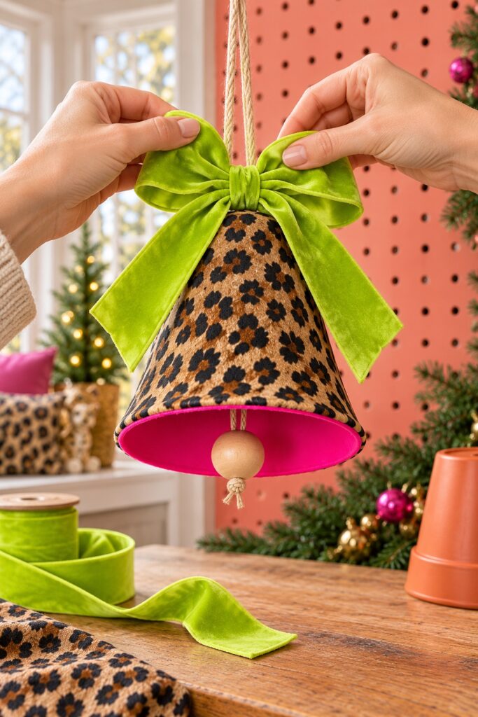 Hands tie a lime bow to the hanger of a leopard bell with a wooden bead below its pink opening