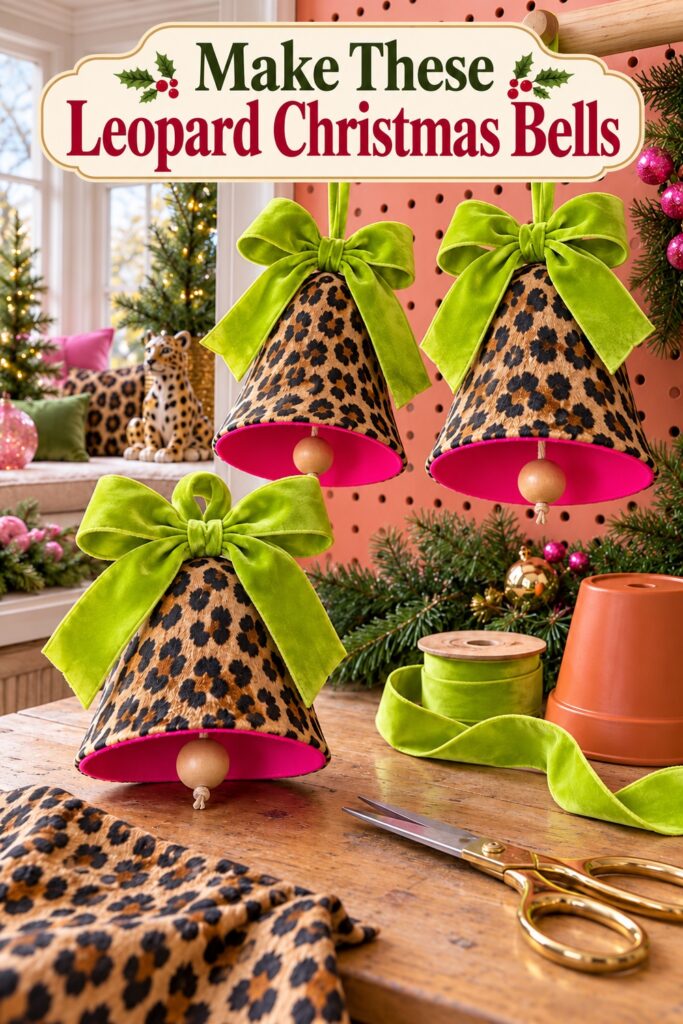 Leopard fabric pot bells with lime bows below the words Make These Leopard Christmas Bells
