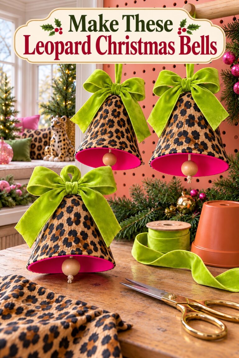 Leopard fabric pot bells with lime bows below the words Make These Leopard Christmas Bells