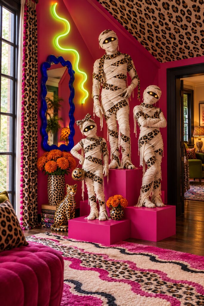 Three ivory and leopard wrapped mummy decorations stand on pink risers beside a lime wall light and blue mirror