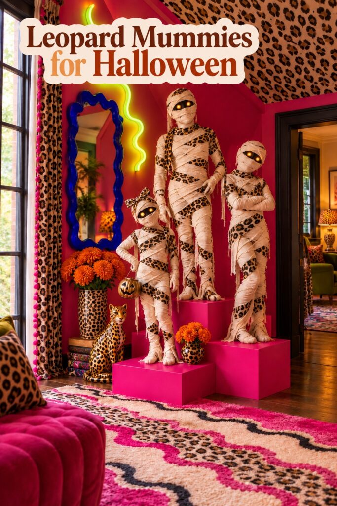 Leopard mummy figures on pink display blocks beneath the words Leopard Mummies for Halloween