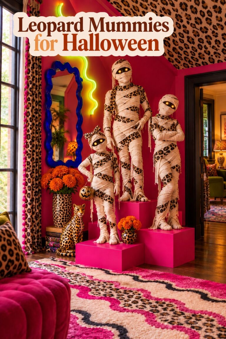 Leopard mummy figures on pink display blocks beneath the words Leopard Mummies for Halloween