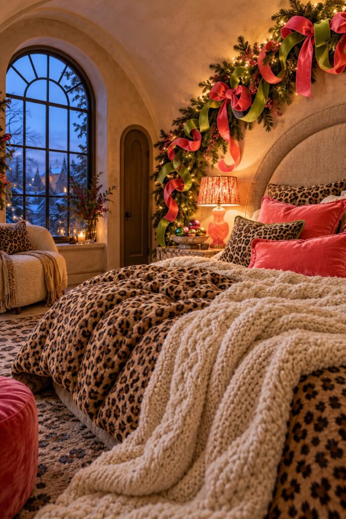 Leopard bedding ivory knit blanket and coral cushions cover a bed beneath evergreen garland with pink and green ribbon