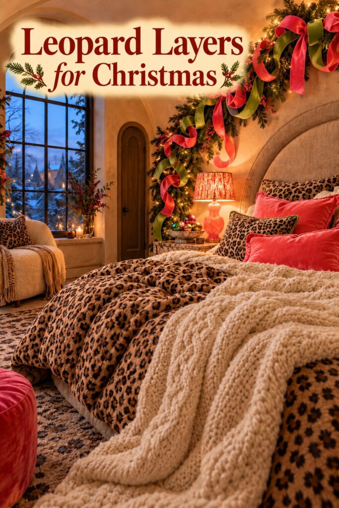 Leopard quilt and ivory knit blanket beneath Christmas garland with the words Leopard Layers for Christmas
