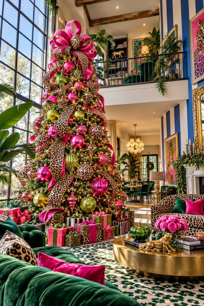 A tall green Christmas tree with leopard ribbon pink bows and lime ornaments stands beneath an open mezzanine