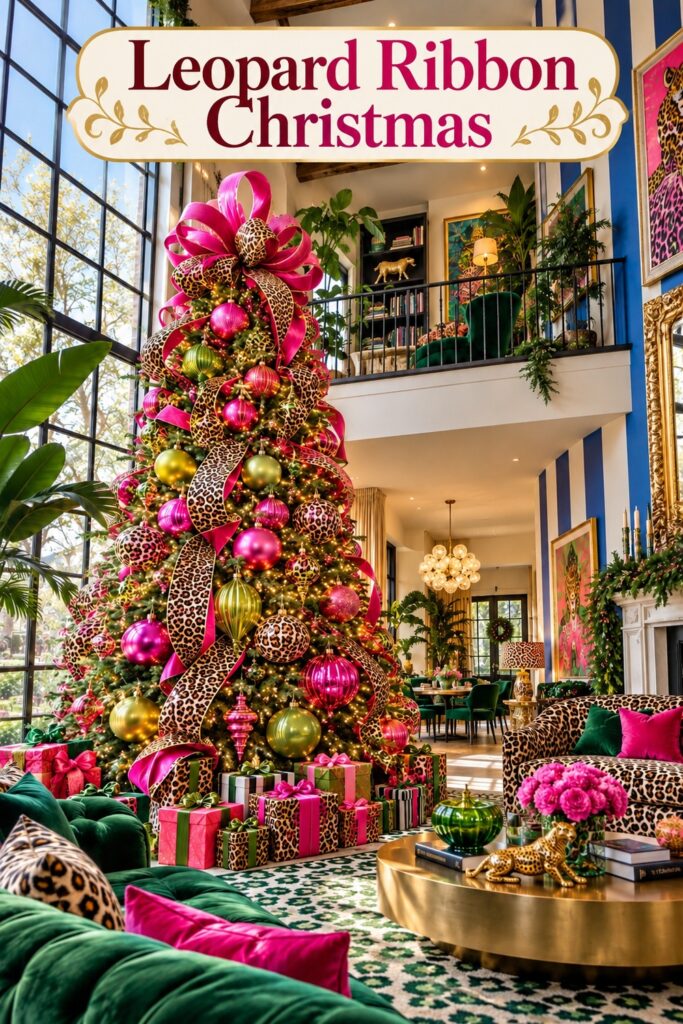 Christmas tree covered in leopard ribbon and pink ornaments beneath the words Leopard Ribbon Christmas