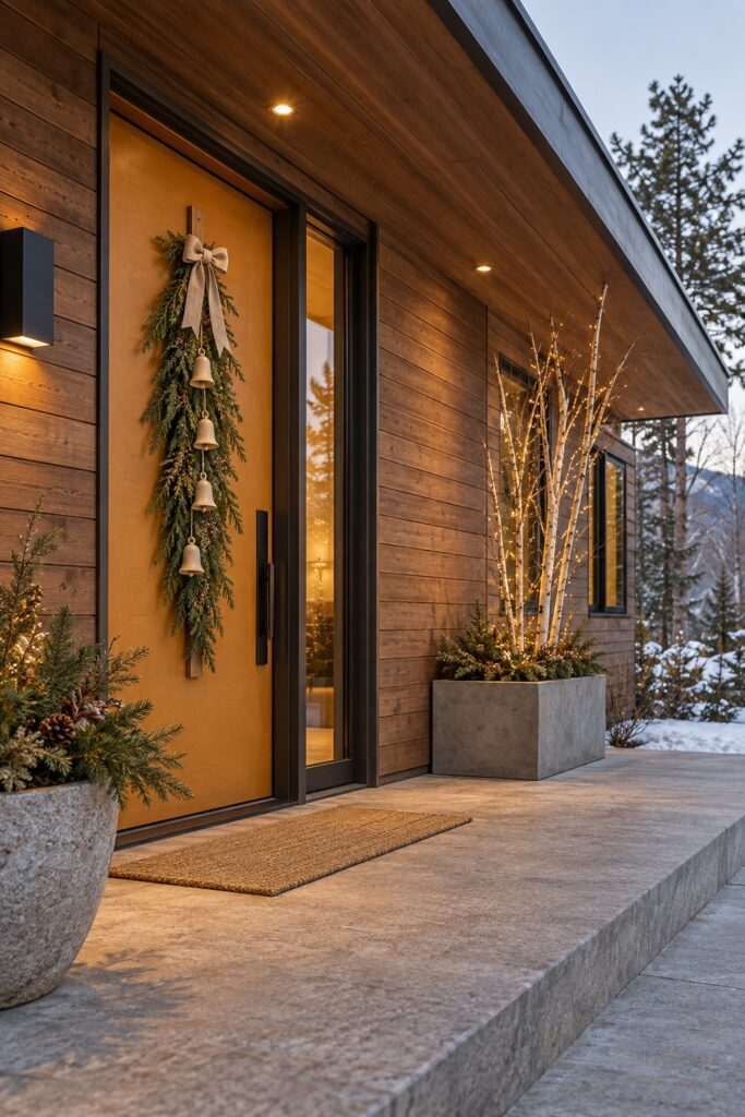A narrow evergreen swag with ivory bells and a linen bow hangs on an amber door beside lighted branches