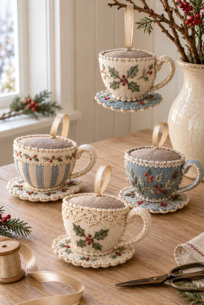 Four linen teacup Christmas ornaments with holly embroidery scalloped saucers and champagne ribbon hanging loops