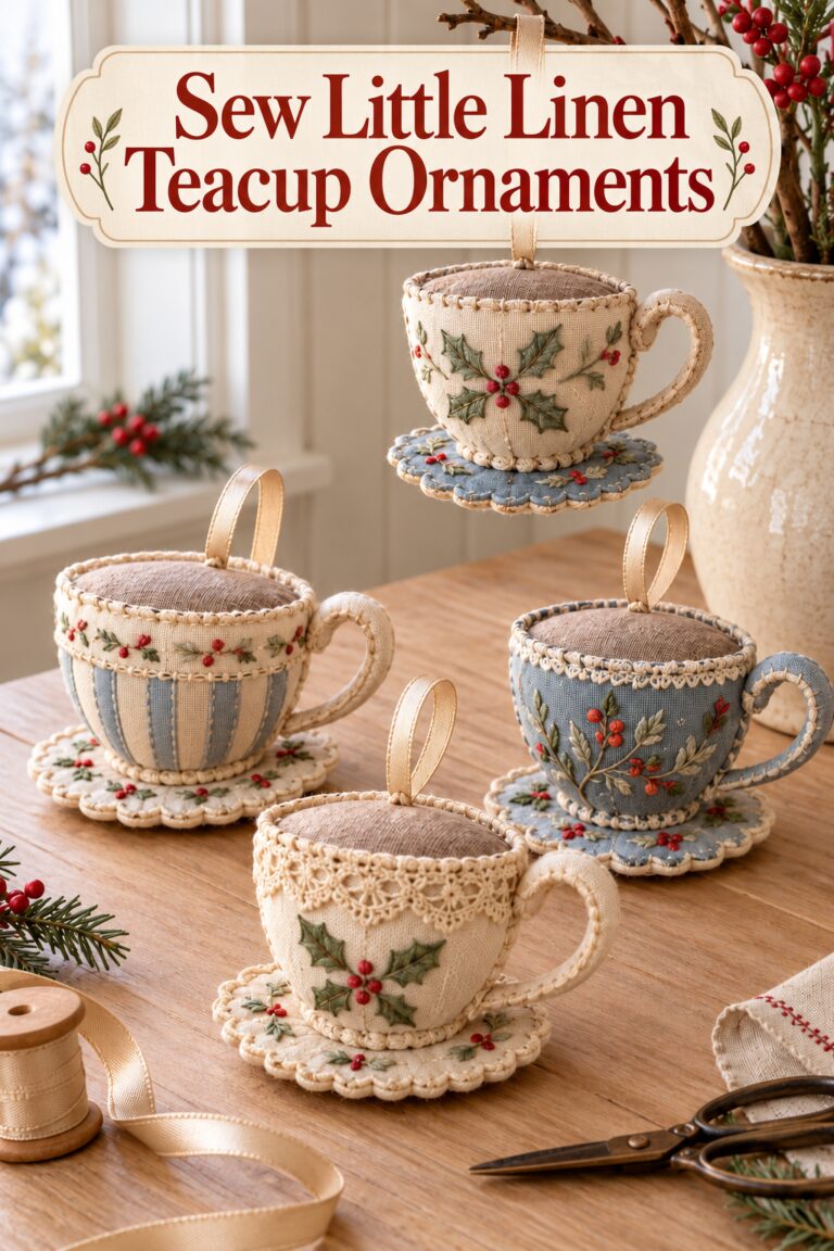 Sew little linen teacup ornaments headline above ivory and blue fabric cups with embroidered holly and scalloped saucers