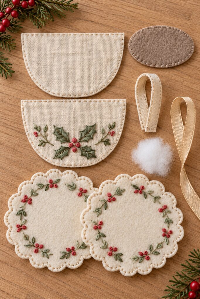 Prepared ivory linen cup panels with holly embroidery beside a fabric handle narrow taupe top and scalloped felt saucer pieces