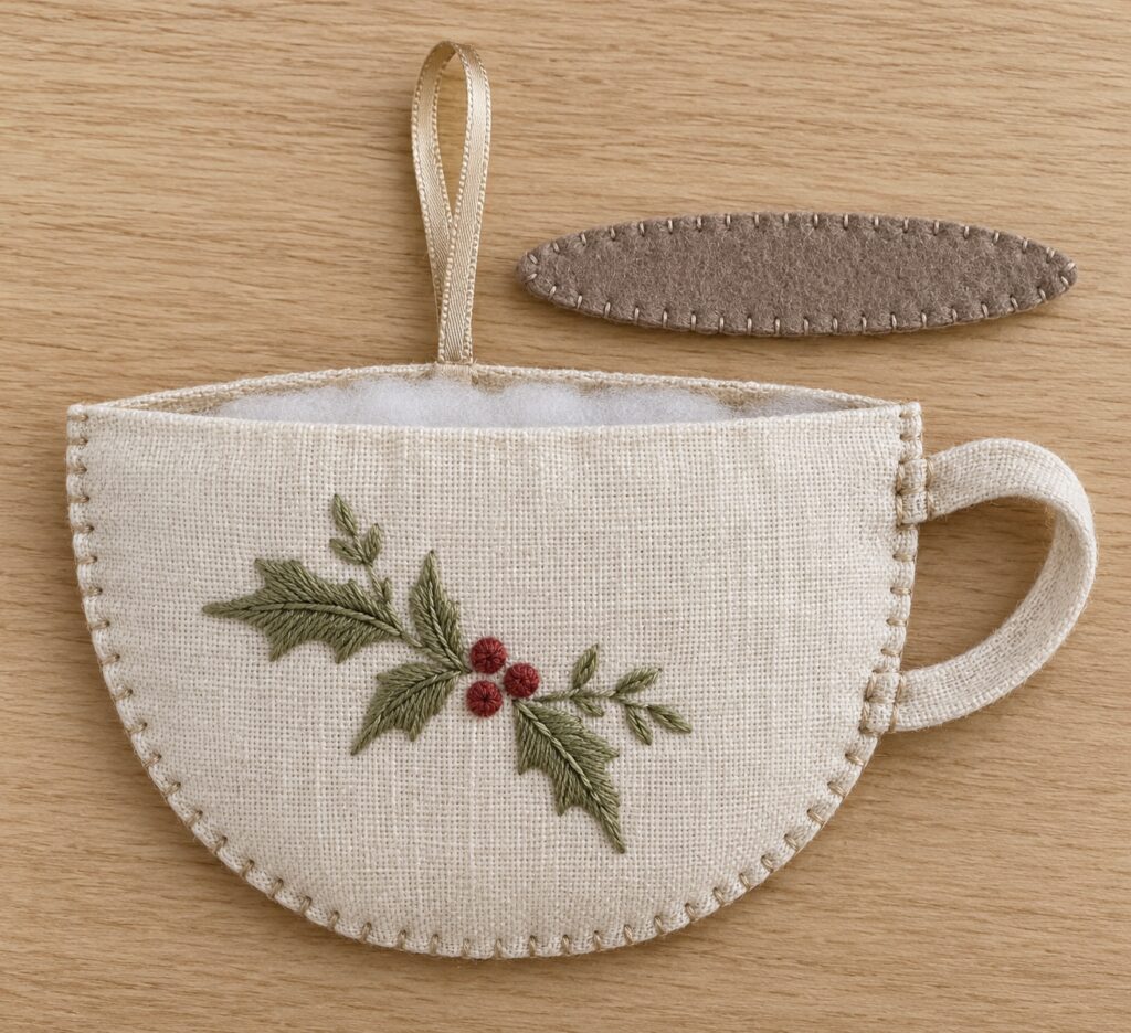 Lightly padded flat linen teacup body with an open top seam sewn fabric handle and champagne hanging loop