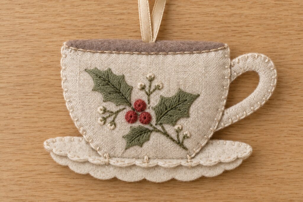 Closed flat linen teacup ornament with embroidered holly a fabric handle and two layered ivory felt saucer pieces
